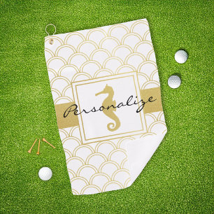 Art Deco Ocean Wave Pattern Gold Glitter Seahorse Golf Towel
