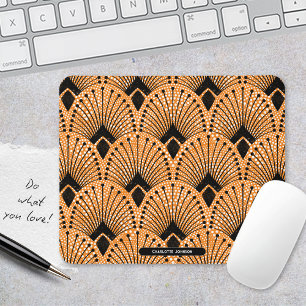 Art Deco Orange Black White Retro Peacock Pattern Mouse Mat