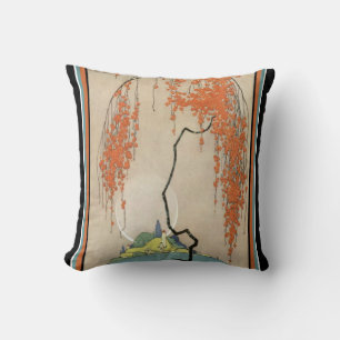 Art Deco Oriental Coral Blossoms Throw Pillow