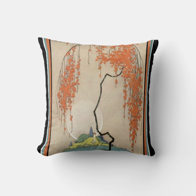 Art Deco Oriental Coral Blossoms Throw Pillow (Front)