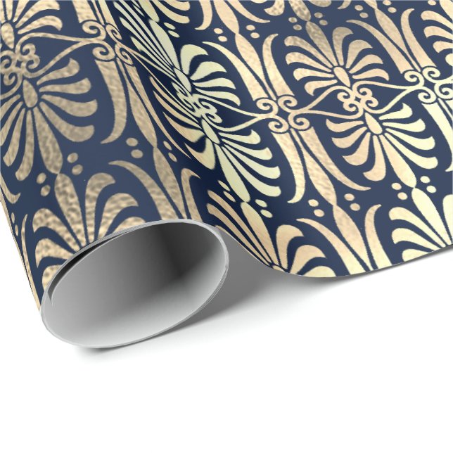 Art Deco Ornament Black Gold Sepia Blue Navy Wrapping Paper (Roll Corner)