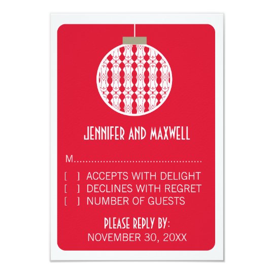 Art Deco Ornament Holiday Wedding RSVP Card, Red Card