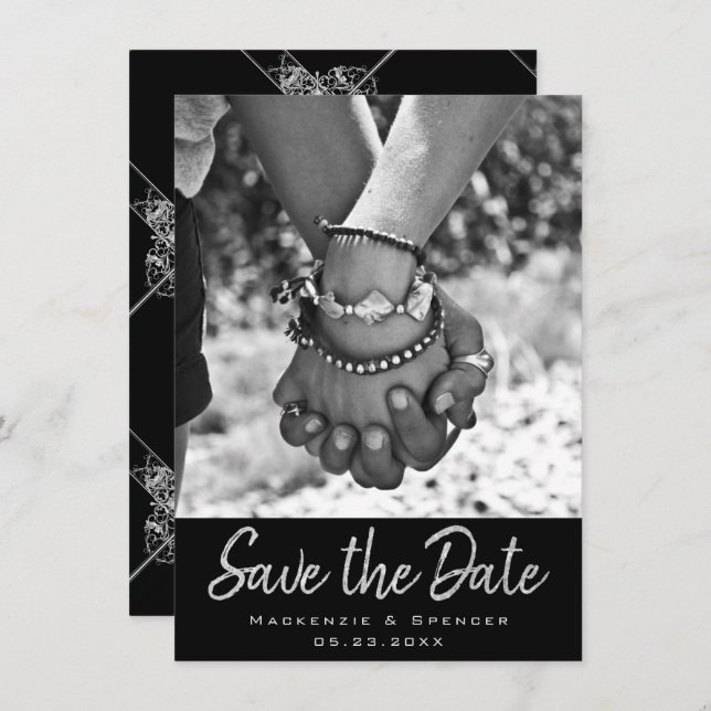 Art Deco Ornamental | Black and Silver Geometric Save The Date (Front/Back)