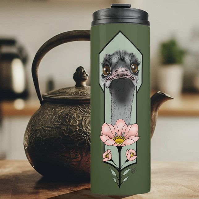 Art Deco Ostrich Flowers Green Thermal Tumbler (Creator Uploaded)
