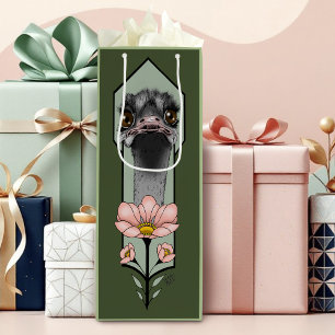 Art Deco Ostrich Flowers Green Wine Gift Bag
