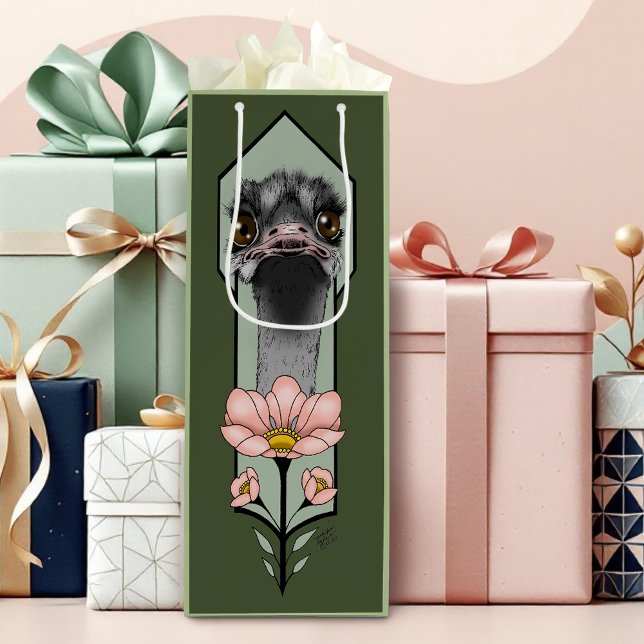 Art Deco Ostrich Flowers Green Wine Gift Bag (Creator Uploaded)
