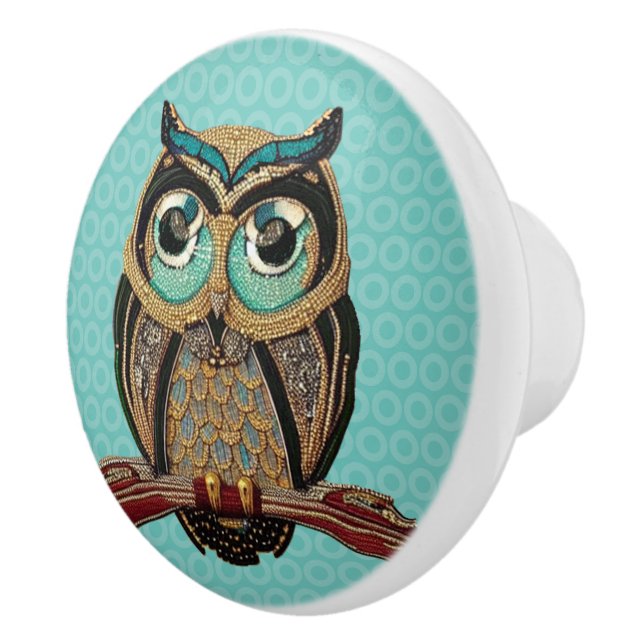 Art Deco Owl - Gold and Teal Beads 1930s Bird Ceramic Knob (Right)