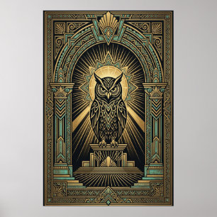 Art Deco Owl Wisdom Poster   Gold & Teal Geometric