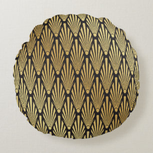 Art Deco Palms: Black Gold. Round Cushion