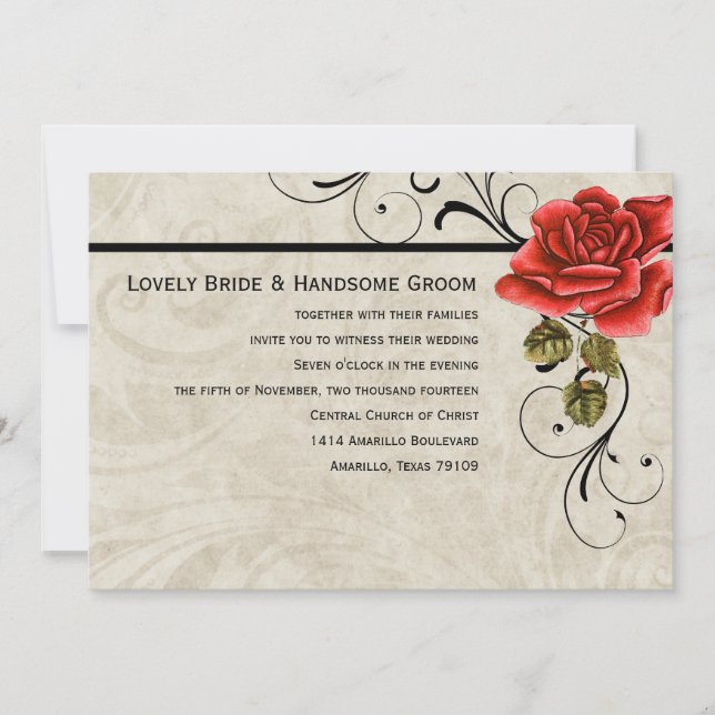 Art Deco Parchment Red Rose Wedding Invitation (Front)