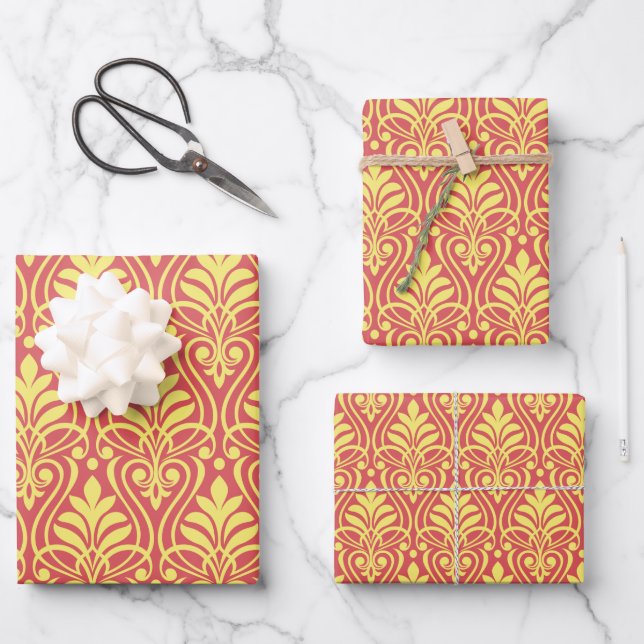 Art Deco Pattern 01 - Blone Yellow on Light Carmin Wrapping Paper Sheet (Front)