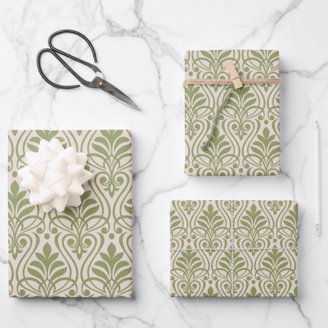 Art Deco Pattern 01 - Camouflage Green on White Wrapping Paper Sheet (Front)