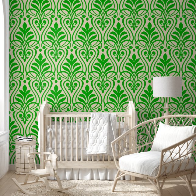 Art Deco Pattern 01 - Dark Lime Green on Off-White Wallpaper (Kids)