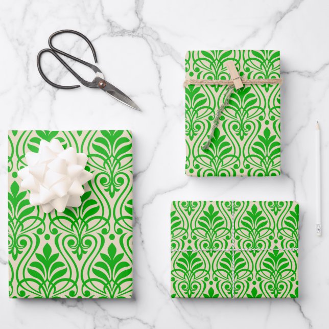 Art Deco Pattern 01 - Dark Lime Green on Off-White Wrapping Paper Sheet (Front)