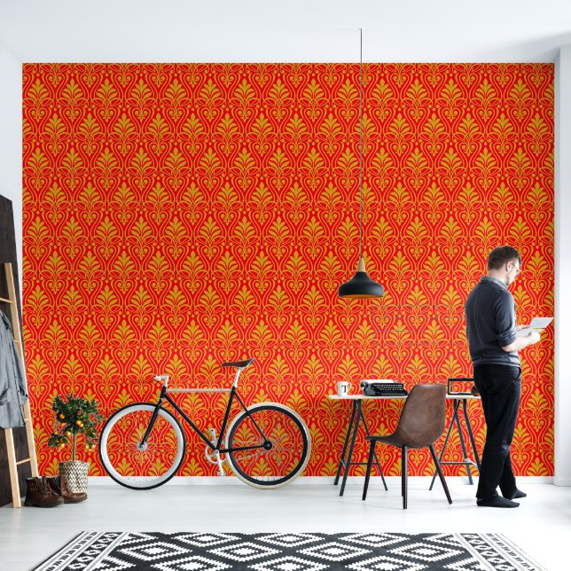 Art Deco Pattern 01 - Deco Gold 2 on Carmine Red Wallpaper (Living Room)