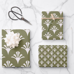 Art Deco Pattern 02 - White on Camouflage Green Wrapping Paper Sheet