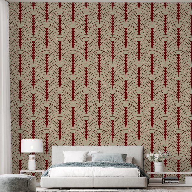 Art Deco Pattern 03 - Midnight Red on Off-White Wallpaper (Bedroom)