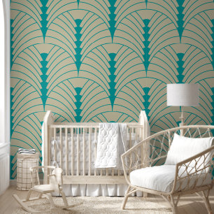 Art Deco Pattern 03 - Teal on Off-White Wallpaper