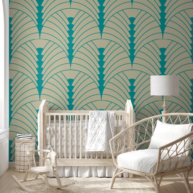 Art Deco Pattern 03 - Teal on Off-White Wallpaper (Kids)