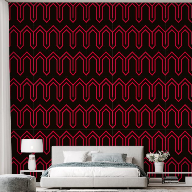 Art Deco Pattern 05 - Carmine Red on Black Wallpaper (Bedroom)