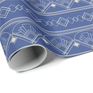 Art Deco Pattern 08 - Off-White on Prussian Blue Wrapping Paper