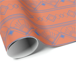 Art Deco Pattern 08 - Prussian Blue on Orange Wrapping Paper