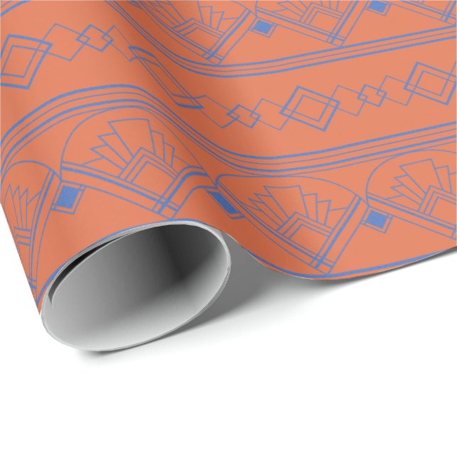 Art Deco Pattern 08 - Prussian Blue on Orange Wrapping Paper (Roll Corner)