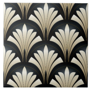 Art Deco Pattern, Black and Beige Leaves Tile