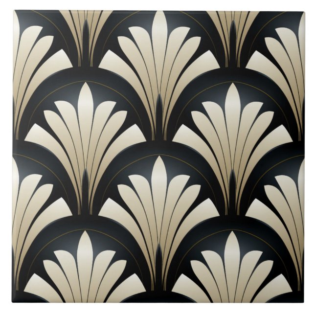 Art Deco Pattern, Black and Beige Leaves Tile (Front)