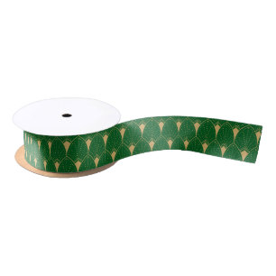 Art Deco Pattern Gold and Green Satin Ribbon