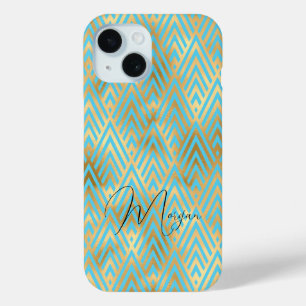 Art Deco Pattern, Gold & Light Blue, Script Name iPhone 15 Case