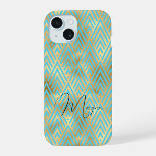Art Deco Pattern, Gold & Light Blue, Script Name iPhone 15 Case