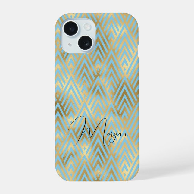 Art Deco Pattern, Gold & Light Blue, Script Name iPhone 15 Case (Back)