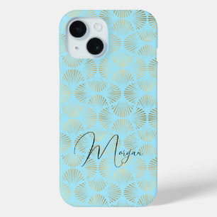 Art Deco Pattern, Gold & Pale Blue, Script Name iPhone 15 Case