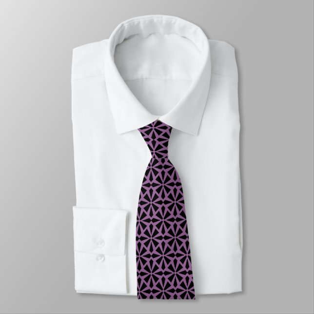 Art Deco Pattern II - Black on Smoky Purple 996699 Tie (Tied)