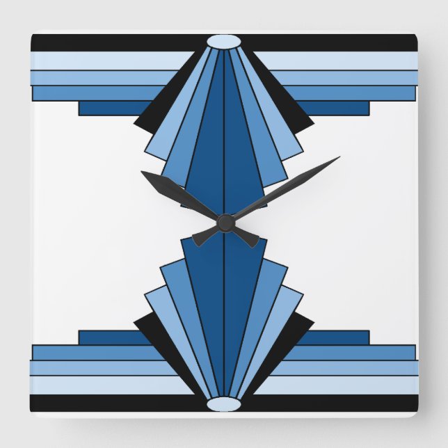 Art Deco Pattern in Blues and Black Square Wall Clock (Front)
