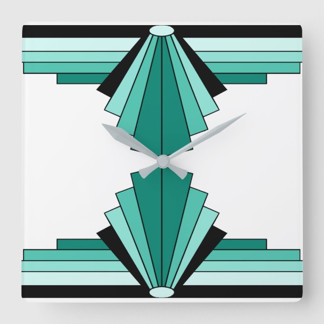 Art Deco Pattern in Greens and Black Square Wall Clock (Front)