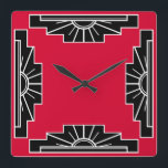 Art Deco Pattern in Red Square Wall Clock<br><div class="desc">Based on classic art deco shapes of a sunburst,  recreated in red and black</div>
