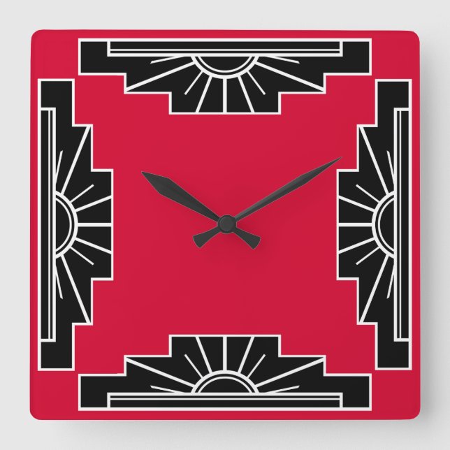 Art Deco Pattern in Red Square Wall Clock (Front)