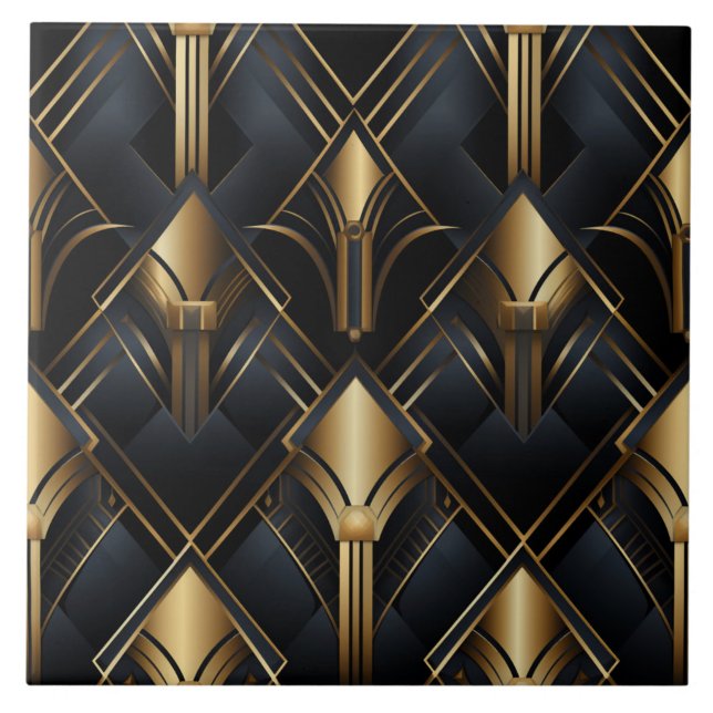 Art Deco Pattern, Metallic effect, black and gold Tile (The complete printed Art Deco tile design. Tiles sold individually.)