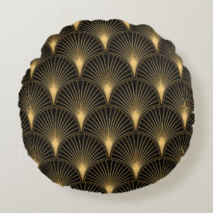 Art Deco Pattern. Seamless black and gold backgrou Round Cushion