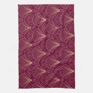 Art Deco pattern with gold geometric fan motifs  Tea Towel