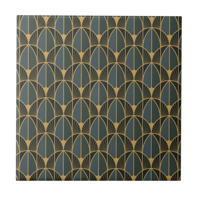 Art Deco pattern with gold geometric shapes Cerami Tile (Front)