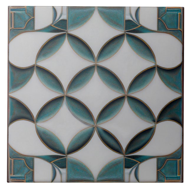 Art Deco Patterned Azul Blue Decor Art Nouveau Tile (Front)