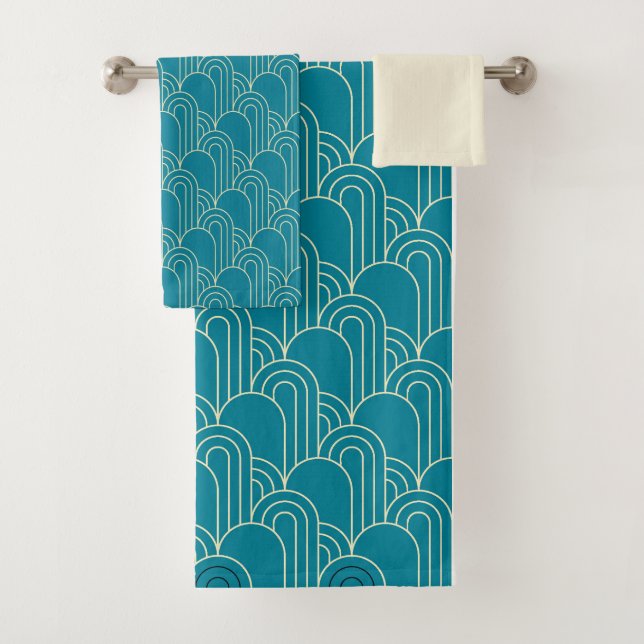 Art Deco Patterned Teal and Cream  Bath Towel Set (Insitu)