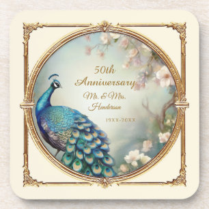 Art Deco Peacock 50th Anniversary Elegant Floral Coaster