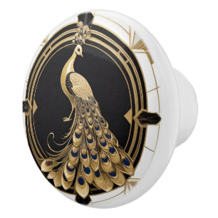 Art Deco Peacock Bird Black White Gold Ceramic Knob