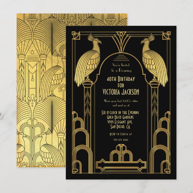 Art Deco Peacock Birthday Party Gold & Black Invitation (Front/Back)