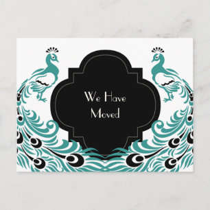 Art Deco Peacock Black and Blue Change of Address Announcement Postcard