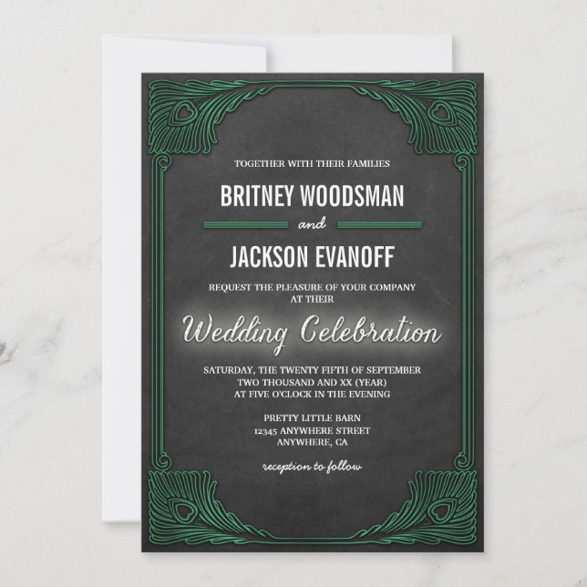 Art Deco Peacock Chalkboard Wedding Invitations (Front)